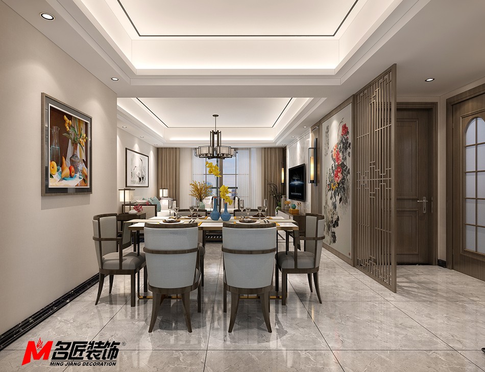 新中式风格室内装修设计效果图-秦皇岛中海寰宇三居123平米